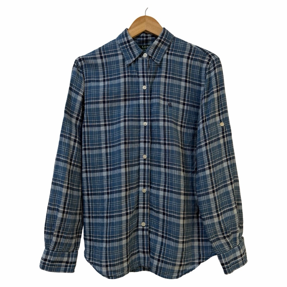 Lauren Ralph Lauren Women Linen Plaid Button Up Shirt Size M Blue Preppy Coastal